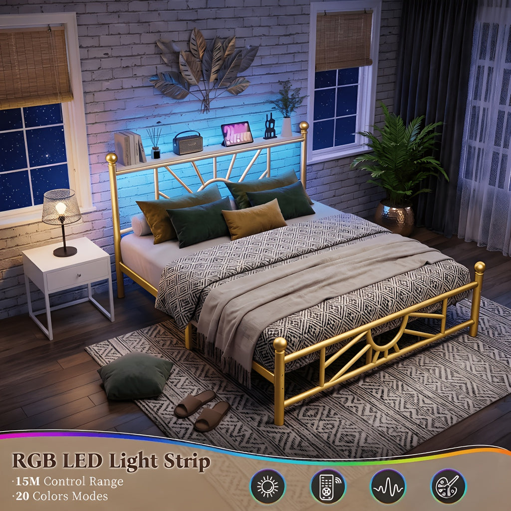 twin full queen king retro metal bed frame led lights - Temu