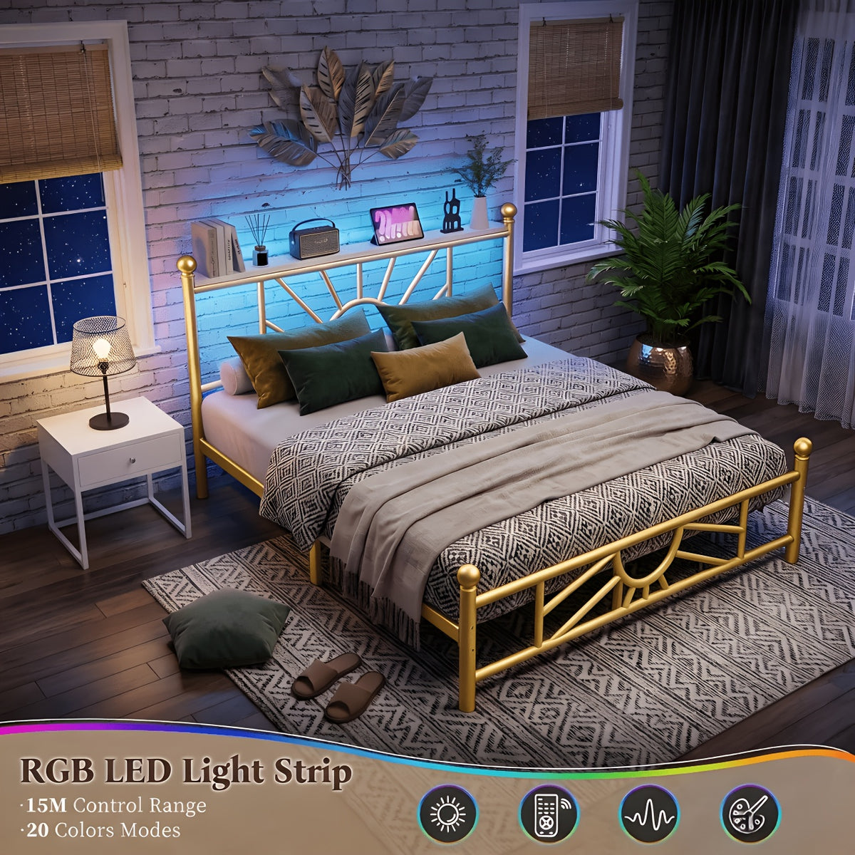 twin full queen king retro metal bed frame led lights - Temu
