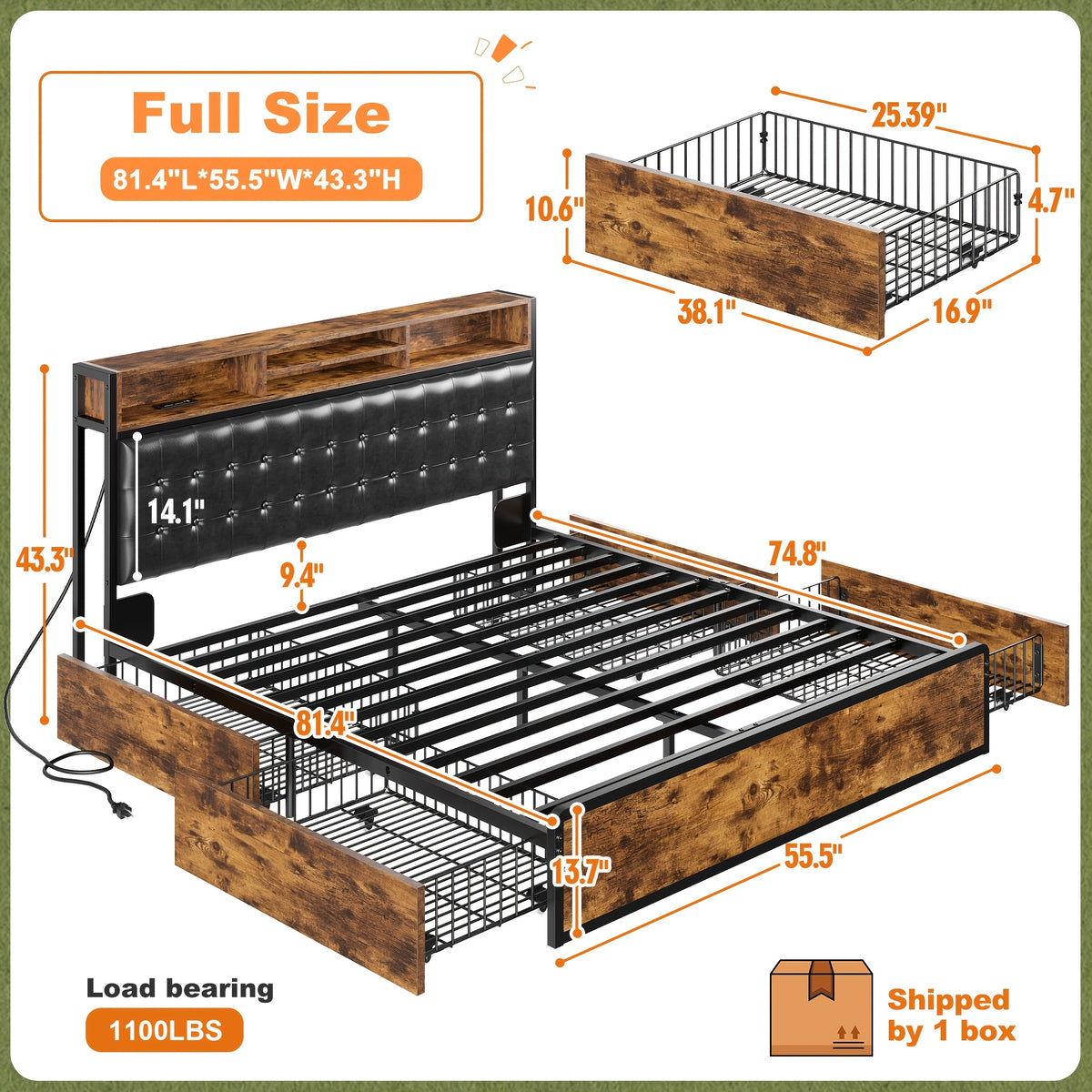 king queen full bed frame 4 storage drawers headboard - Temu