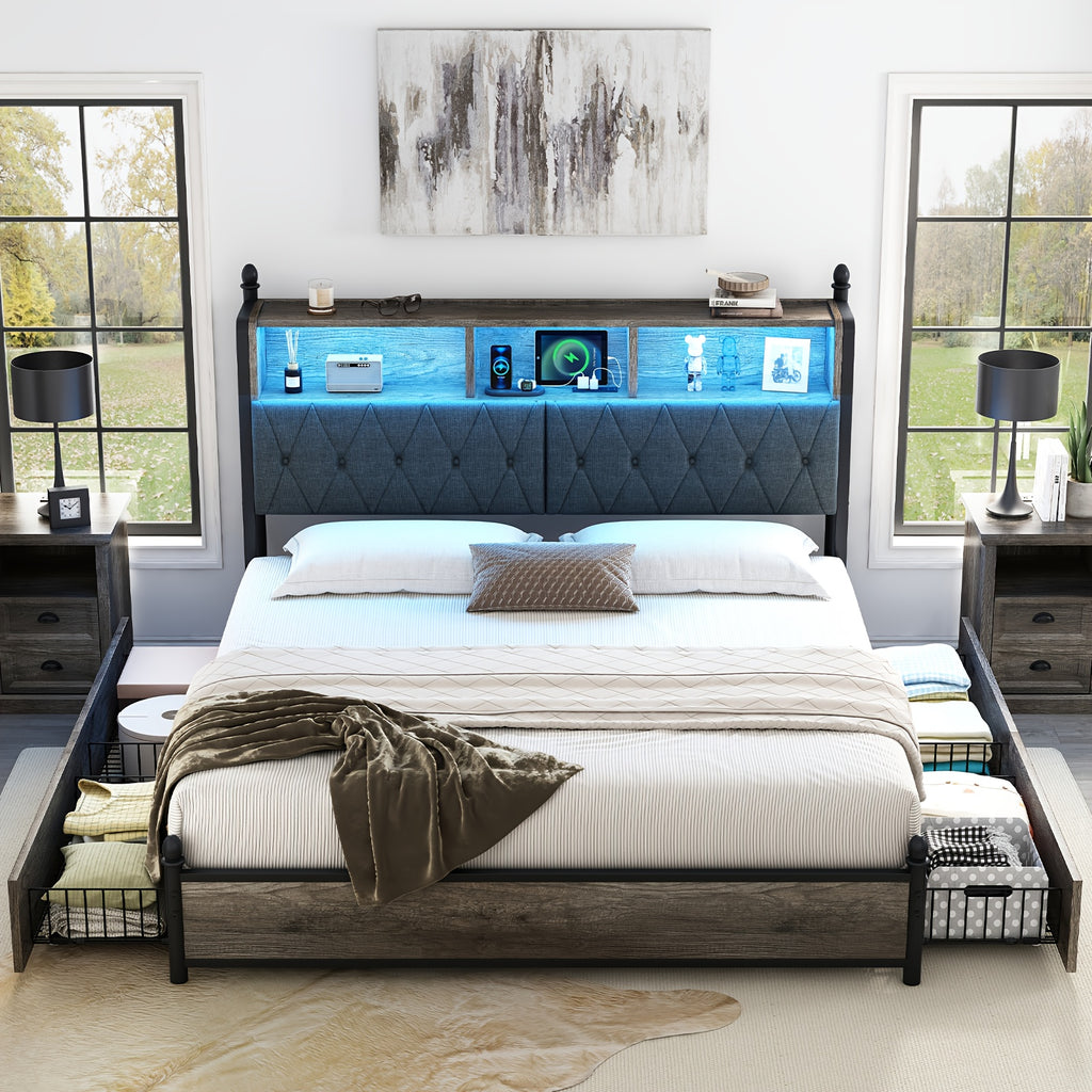 wooden platform bed bookcase headboard 4 storage drawers - Temu