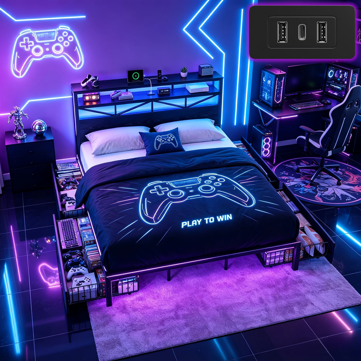 contemporary bed frame rgb led light convenient bedside 2u1c - Temu