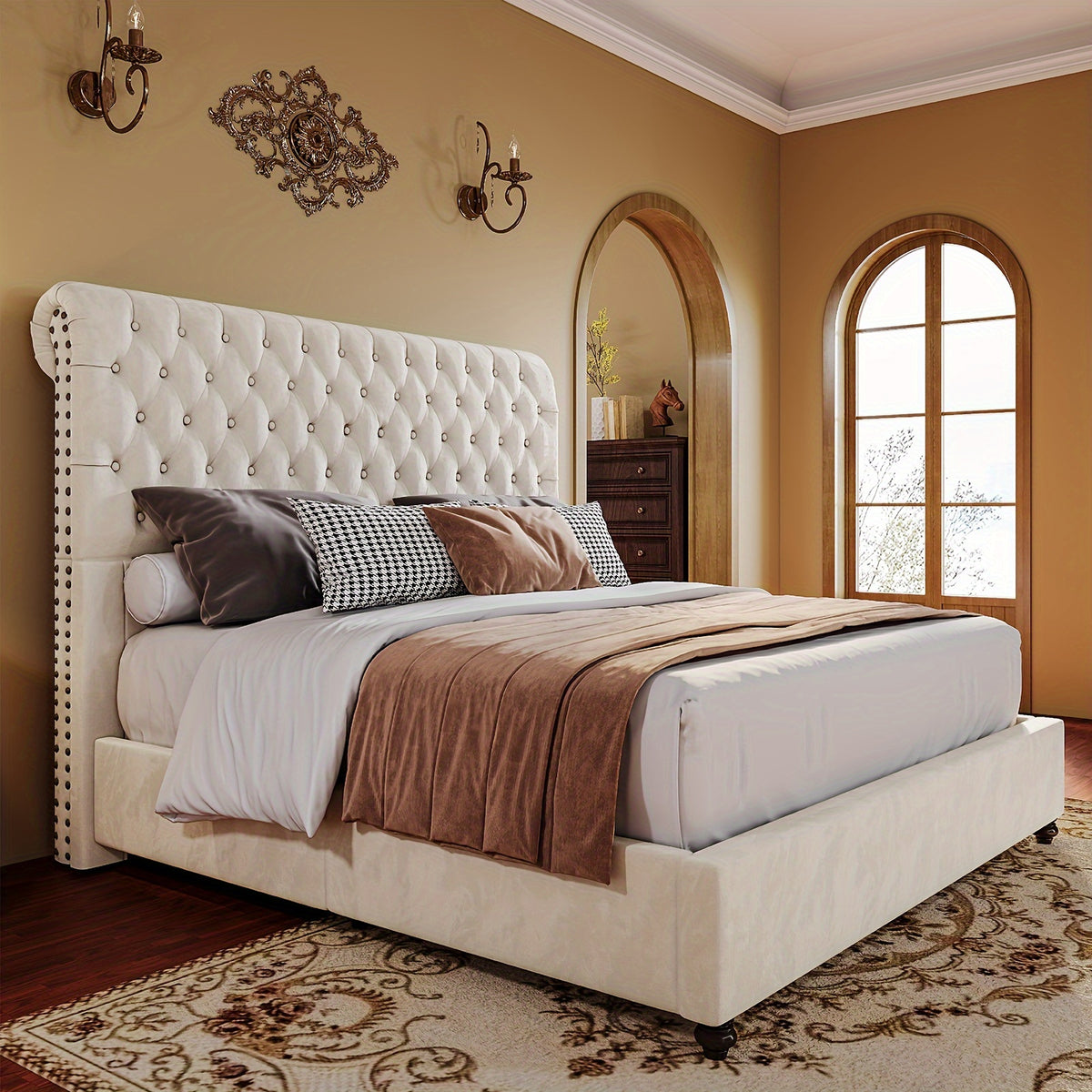 bed frame king queen size velvet tall headboard king - Temu