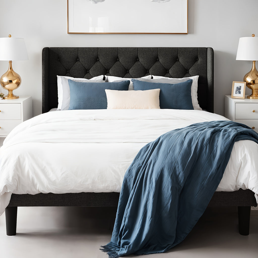 upholstered bed frame tufted wingback headboard - Temu