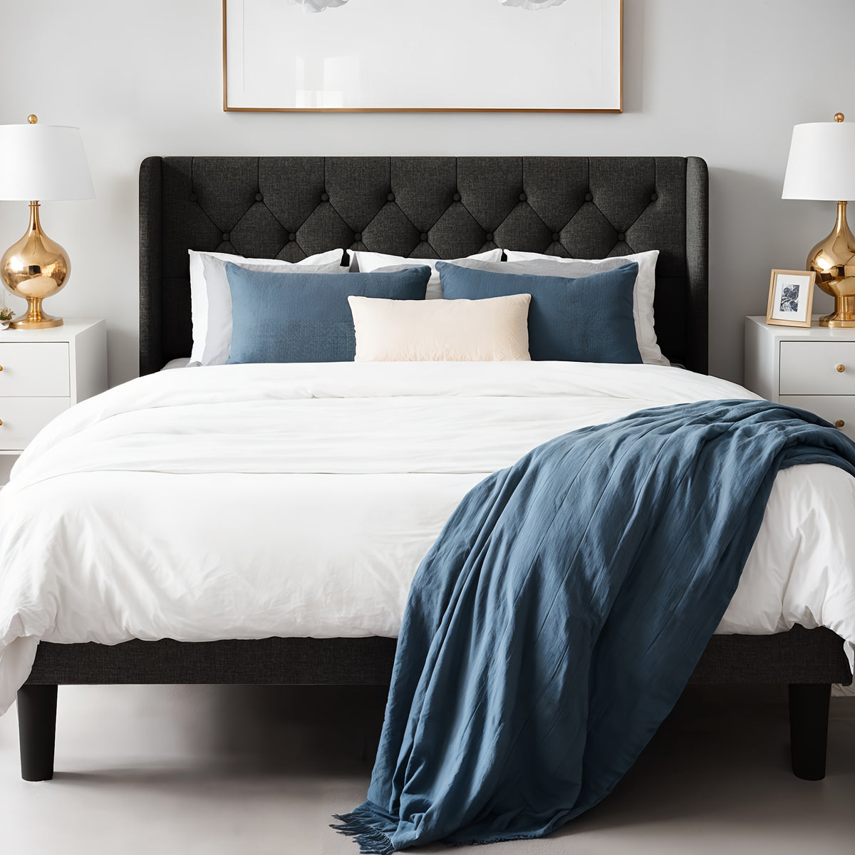 upholstered bed frame tufted wingback headboard - Temu