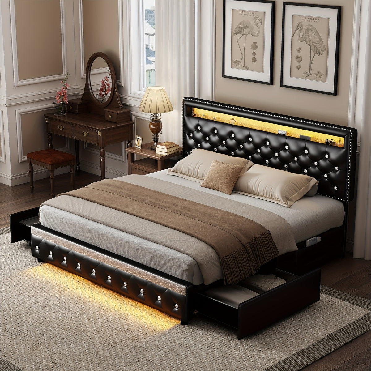 queen led bed frame 2 drawers modern full size pu leather - Temu