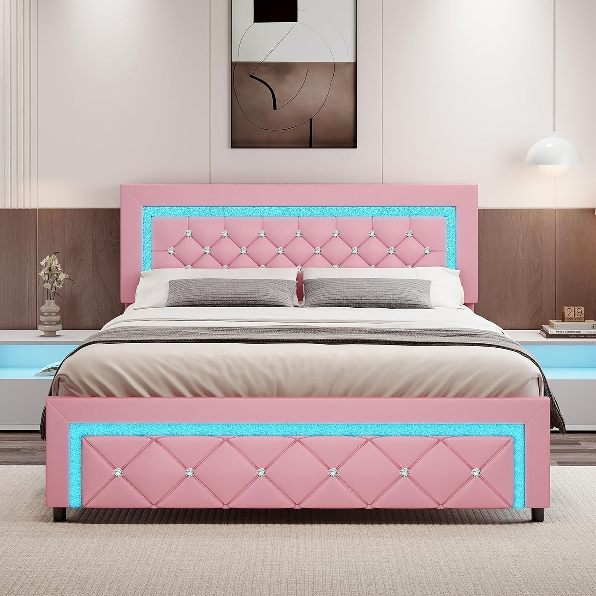 twin full queen bed frame led lights upholstered platform - Temu