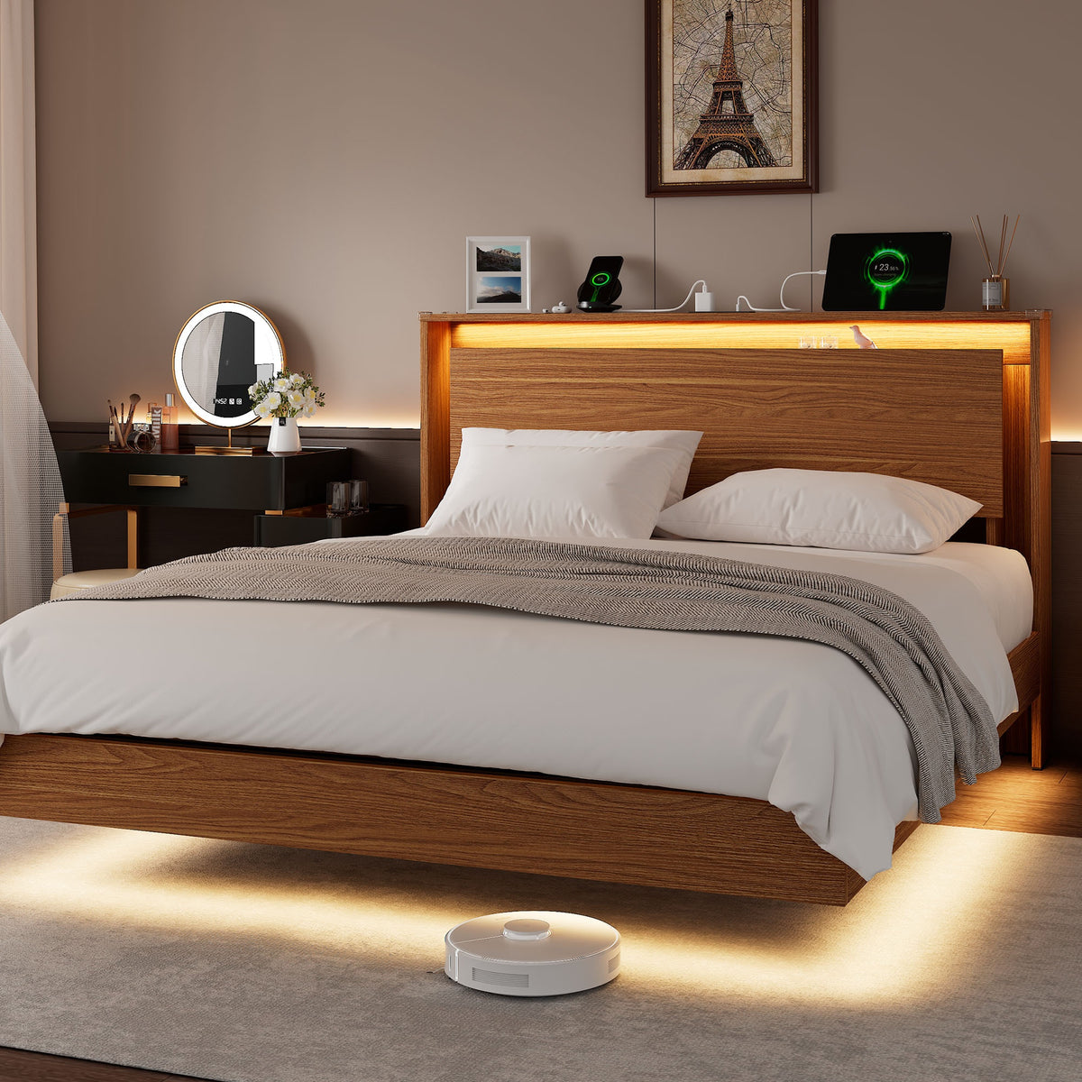 floating bed frame led lights charging station heavy duty - Temu