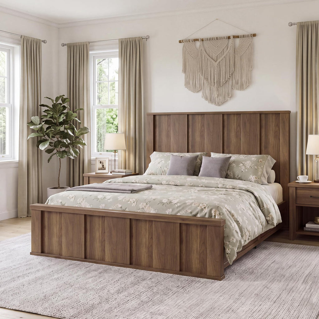 queen size platform bed frame tall wood headboard wood slats - Temu