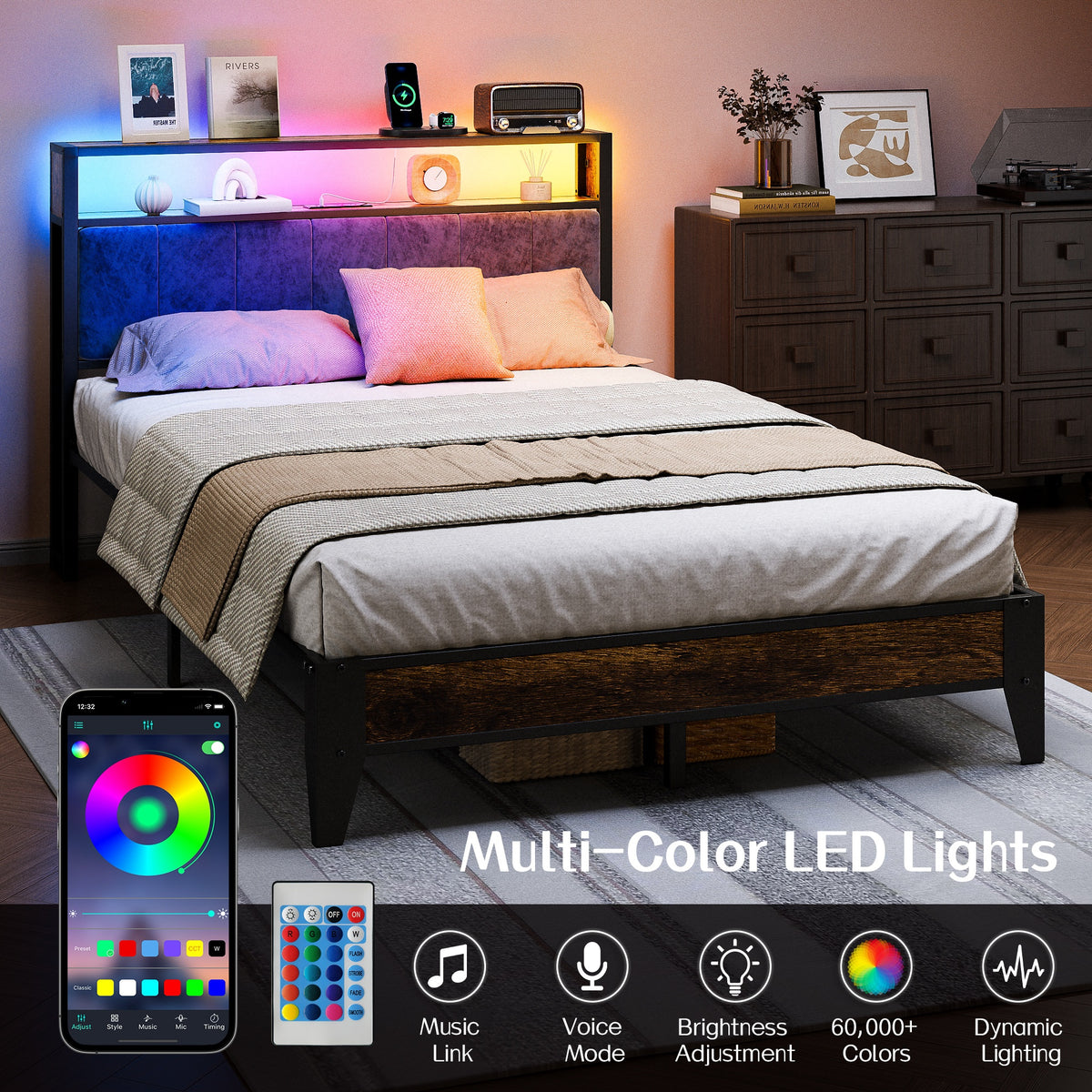 metal bed frame headboard storage shelves led lights type c - Temu