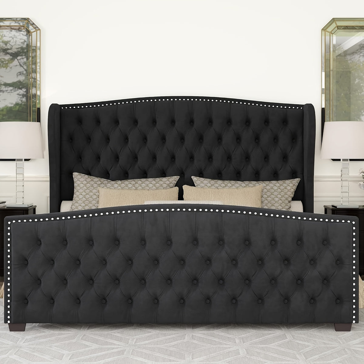 platform bed frame velvet upholstered bed deep button tufted - Temu