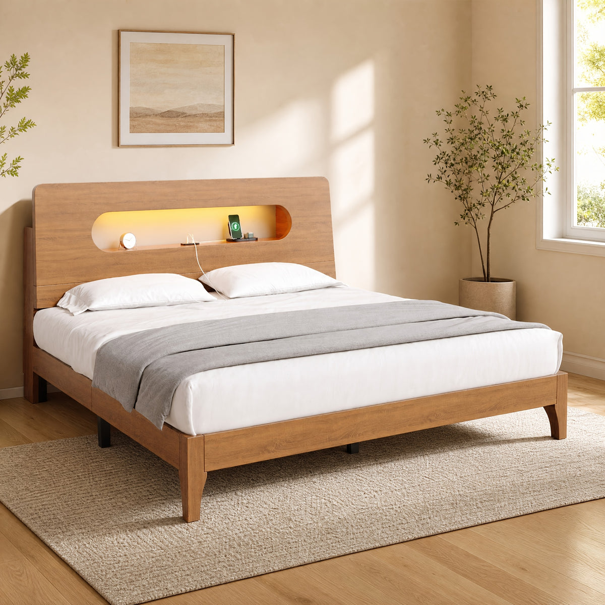 led bed frame usb charging storage shelf solid wood platform - Temu