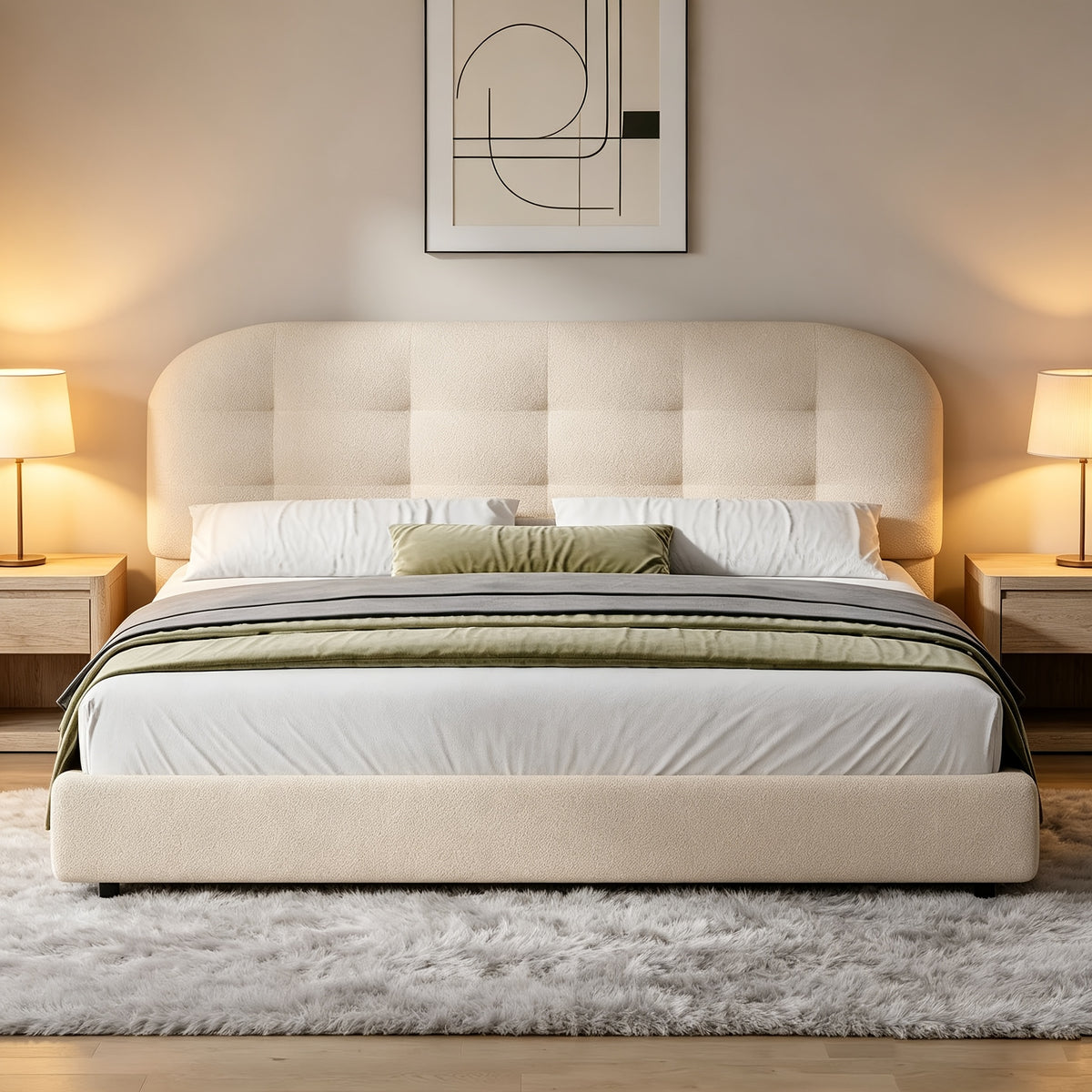 modern boucle upholstered platform bed frame curved cloud - Temu