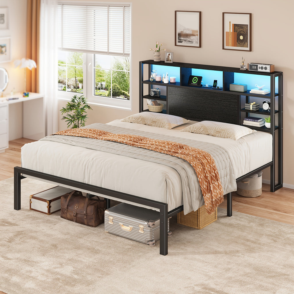 full queen king bed frame storage headboard led lights - Temu