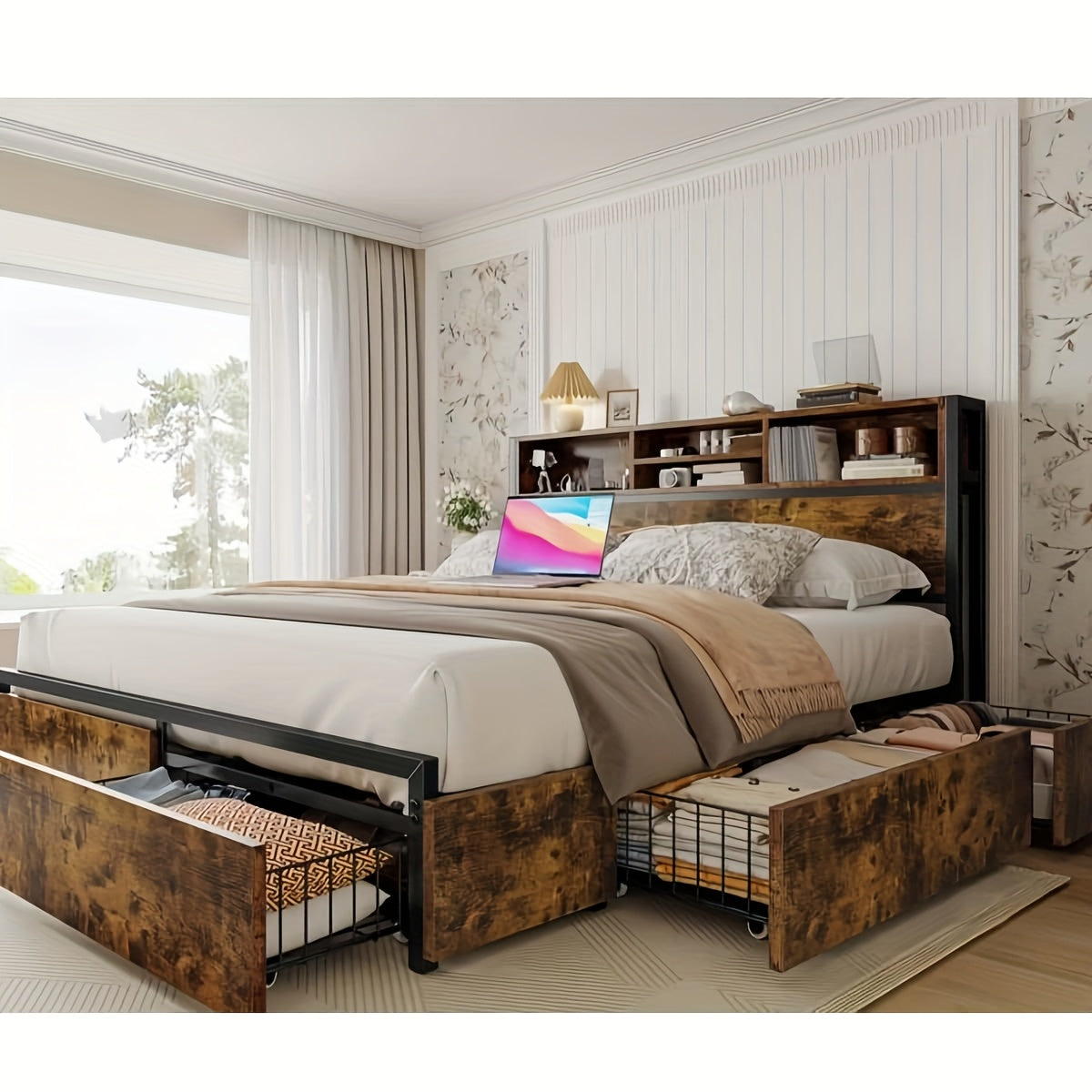 queen king bed   storage   drawers 1100lbs bed - Temu