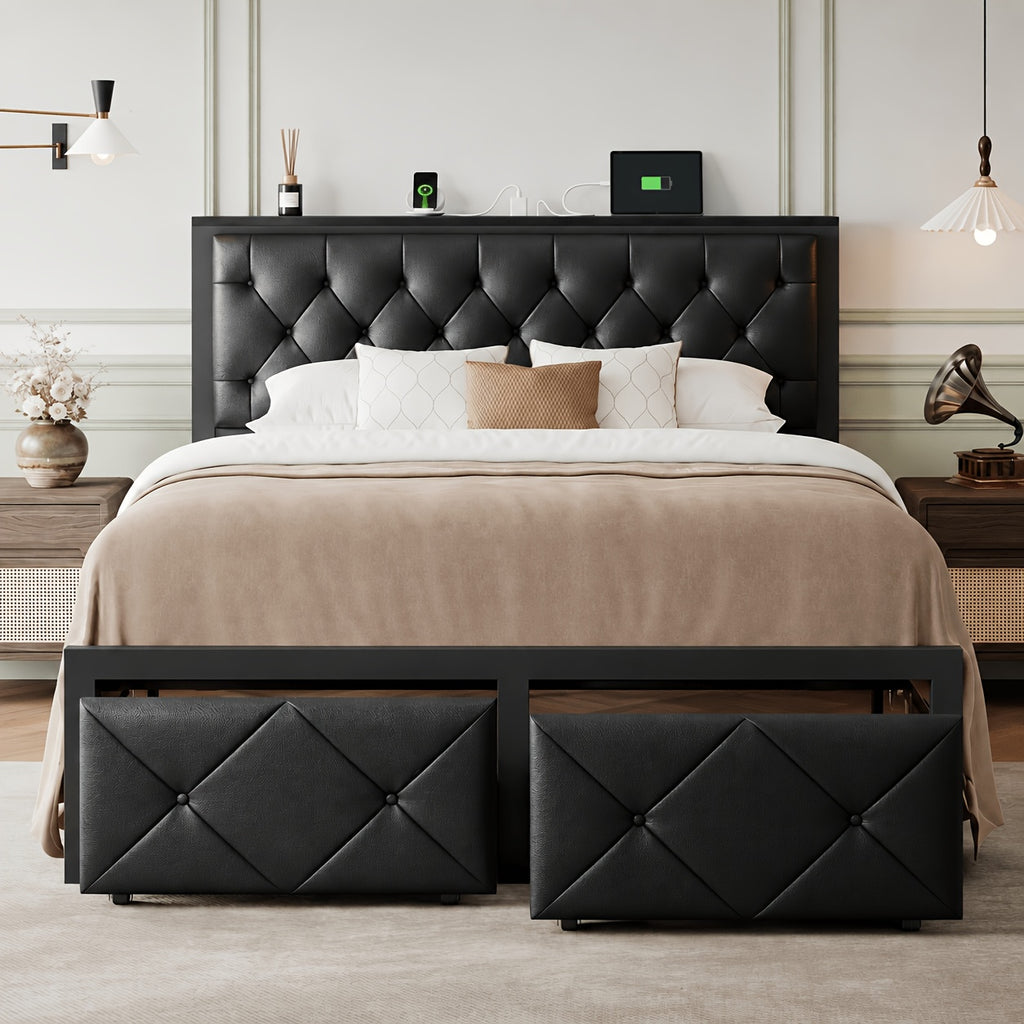 bed frame 2 storage drawers metal platform bed charging - Temu