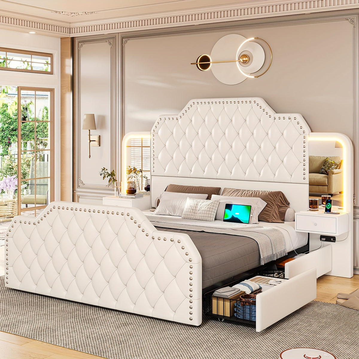 queen size bed frame 2 nightstands mirror modern platform - Temu