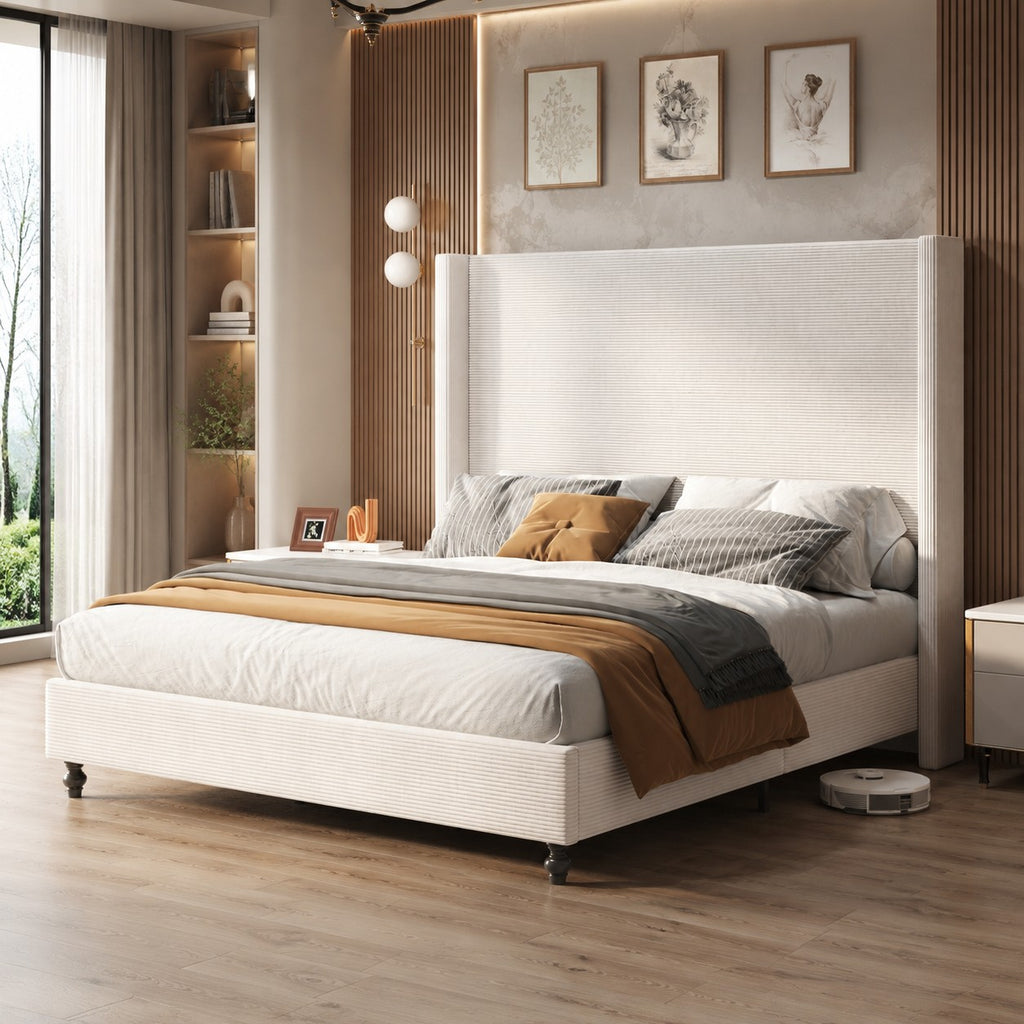 corduroy upholstered bed frame tall wingback headboard solid - Temu