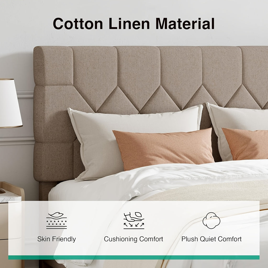 beige linen upholstered bed frame geometric tufted headboard - Temu