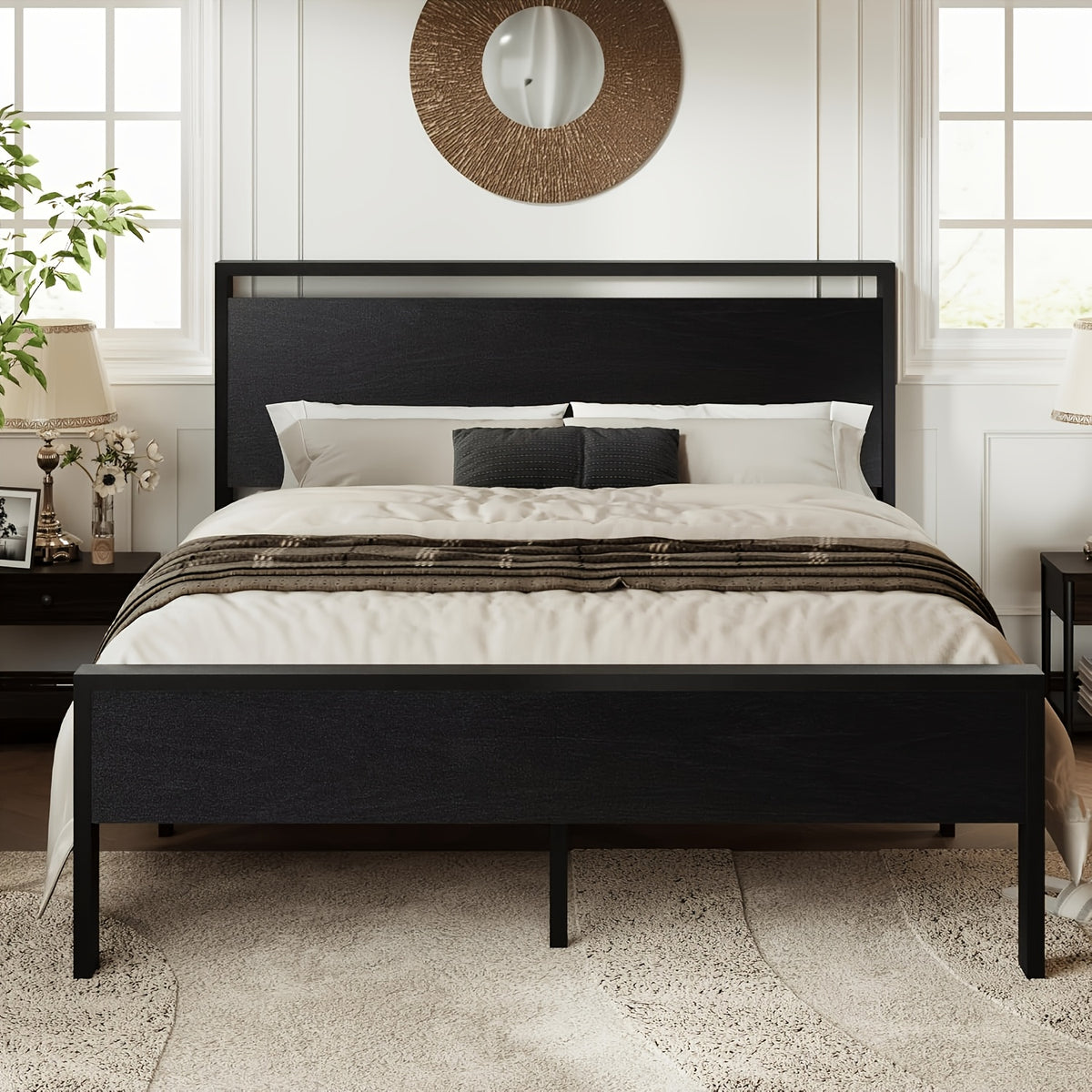 bed frame heavy duty metal platform bed wooden headboard - Temu