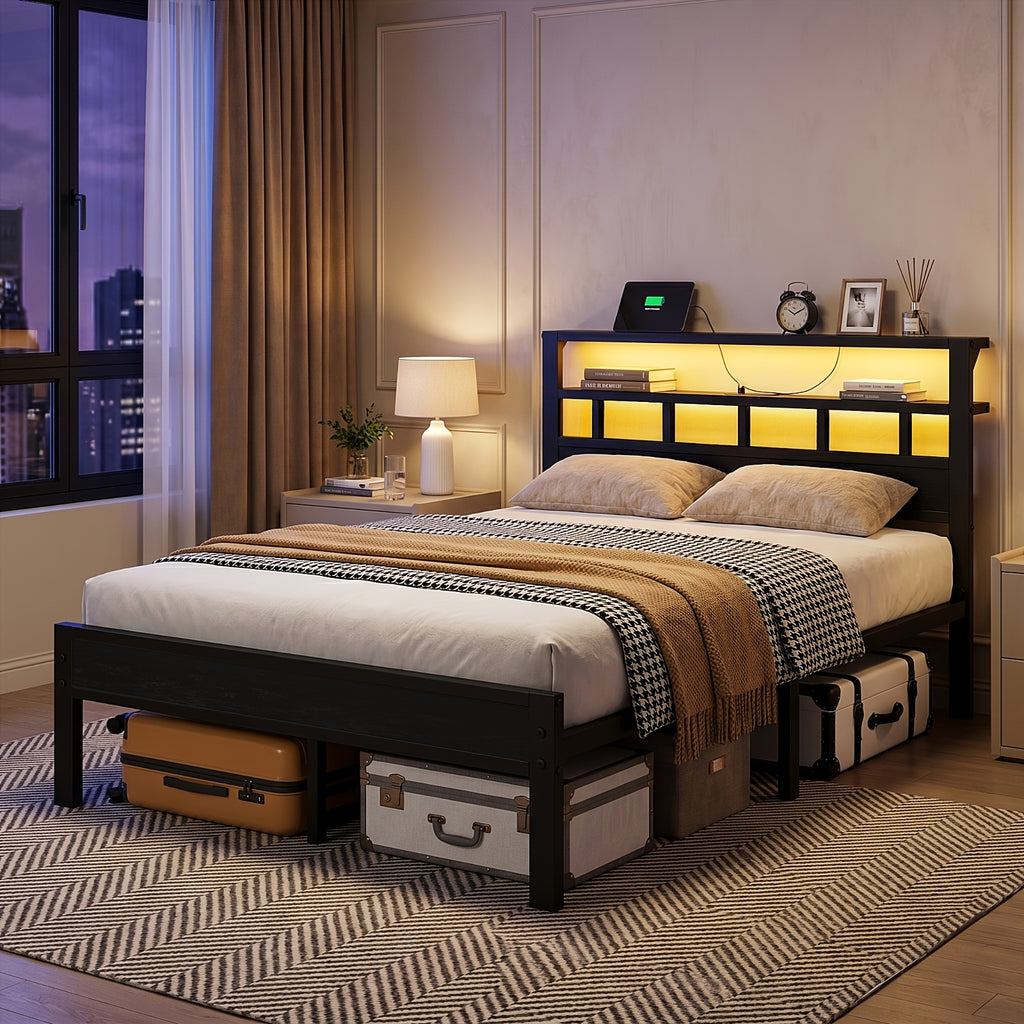 bed frame metal platform bed 2 tier storage led lighting - Temu