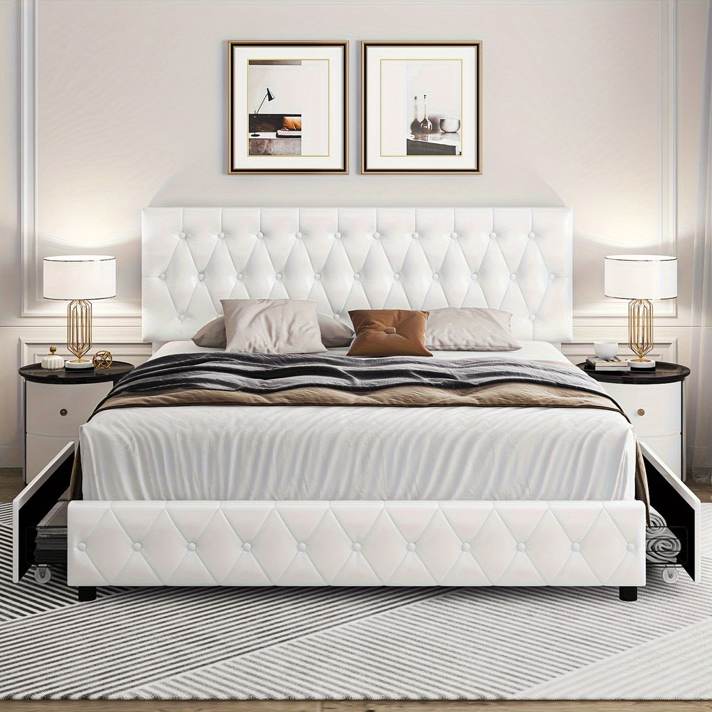 modern upholstered bed frame 4 storage drawers platform bed - Temu