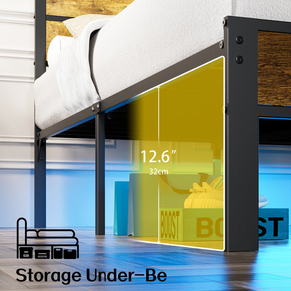 metal bed frame headboard storage shelves led lights type c - Temu