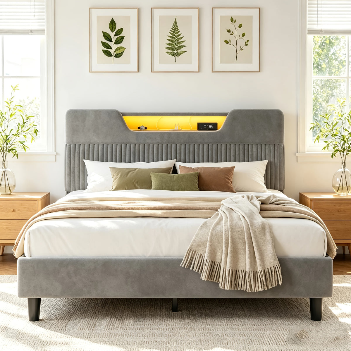 velvet upholstered platform bed frame rgb led lights - Temu