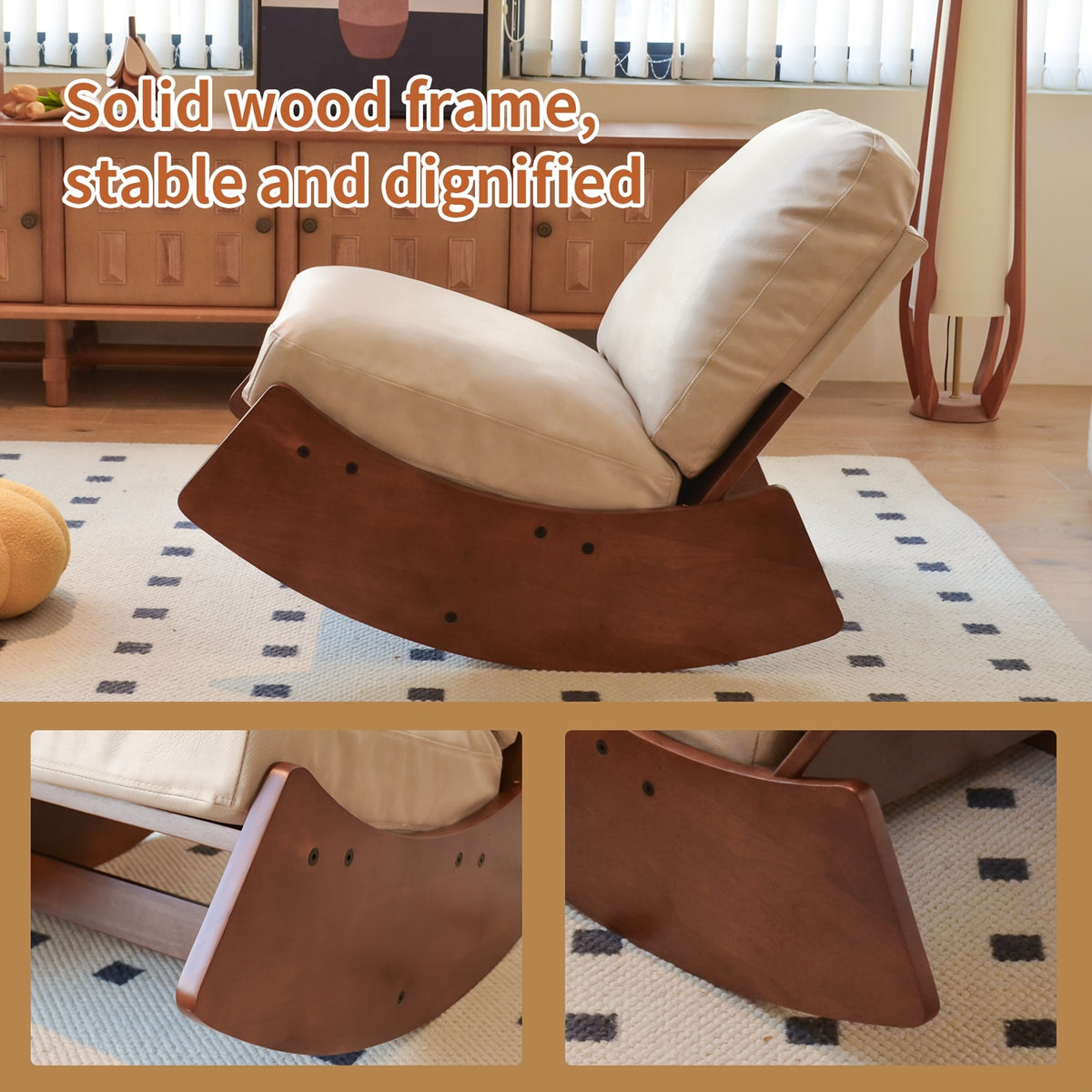 solid wood rocking accent chair pu leather upholstered comfy - Temu