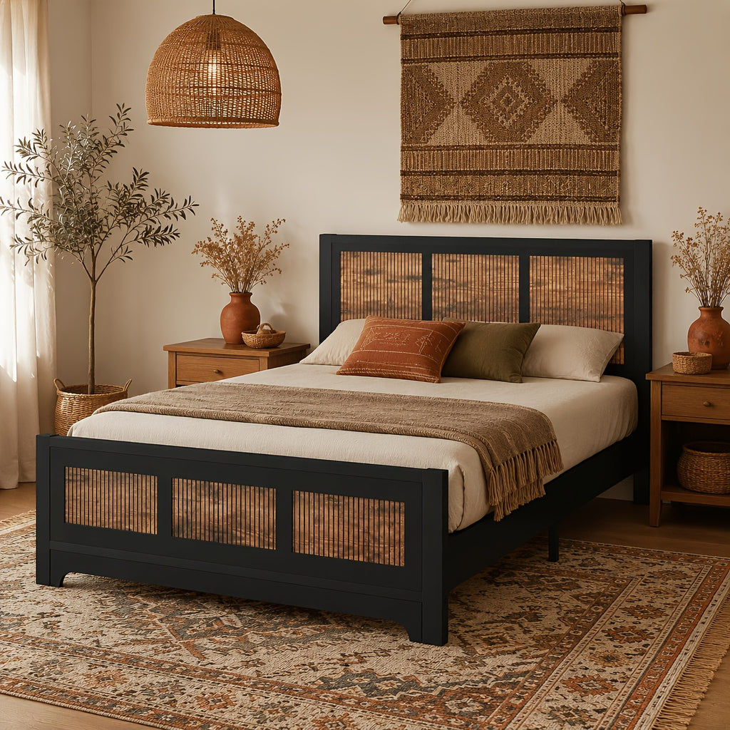 black rattan wood platform bed frame queen size rattan - Temu