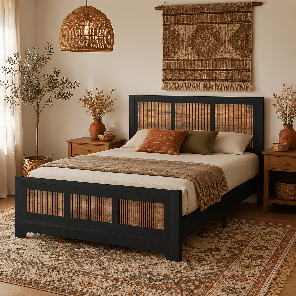 black rattan wood platform bed frame queen size rattan - Temu