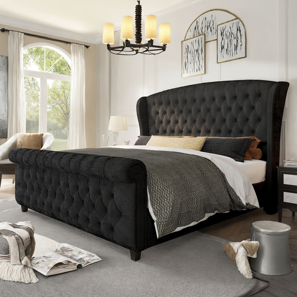 velvet upholstered platform bed frame sleigh design curved - Temu