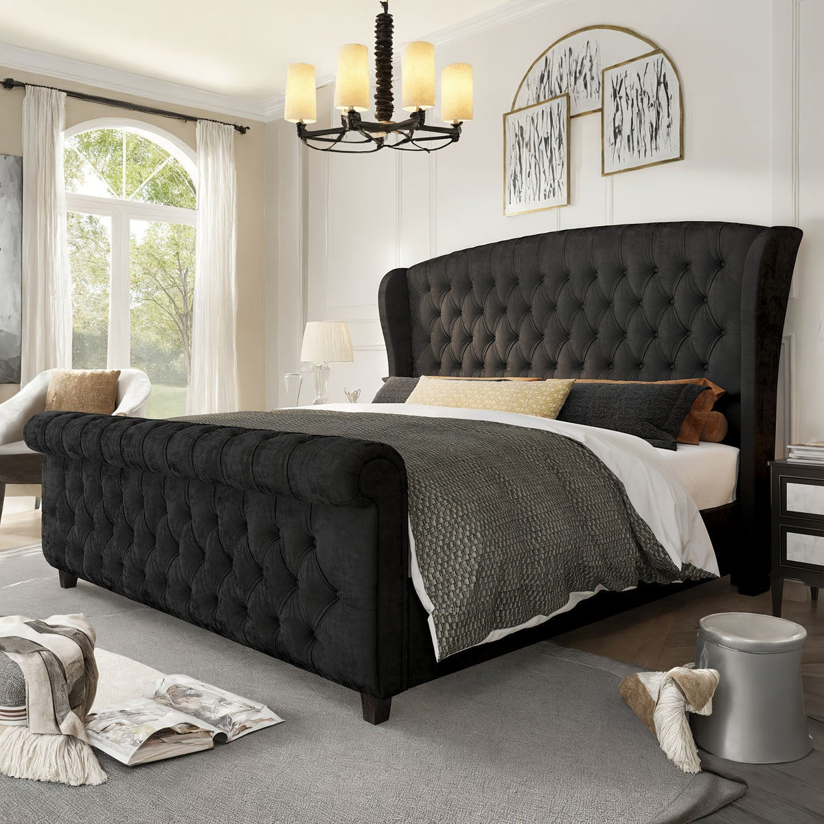 velvet upholstered platform bed frame sleigh design curved - Temu
