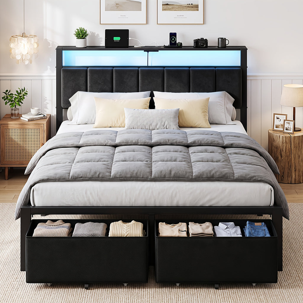 upholstered bed frame 2 bed storage drawers metal platform - Temu