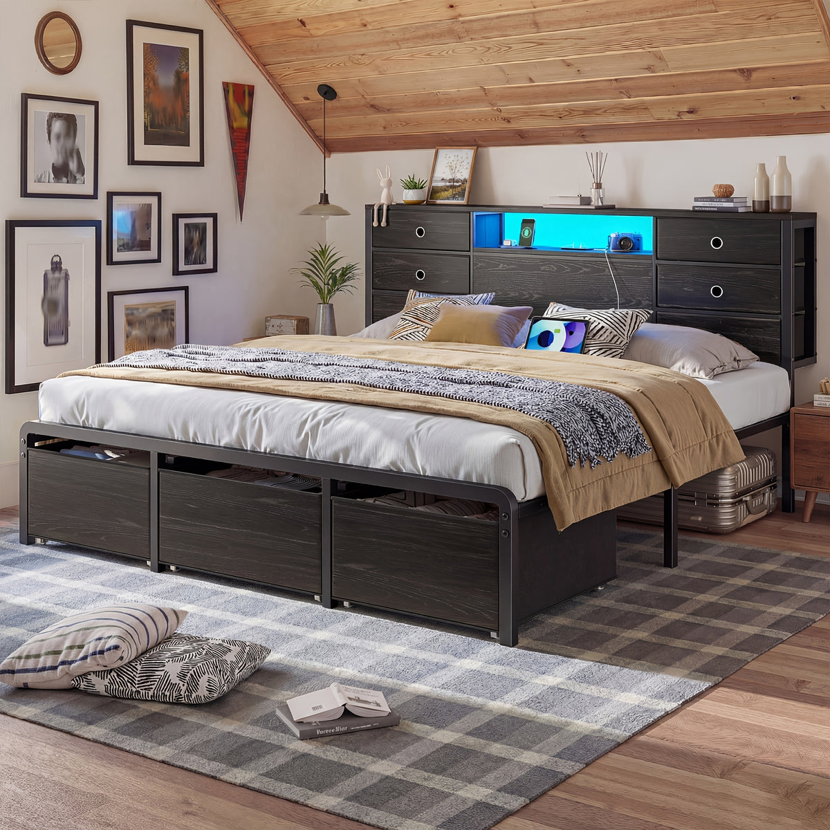 reinforced storage bed frame king queen full 8 9 drawers - Temu
