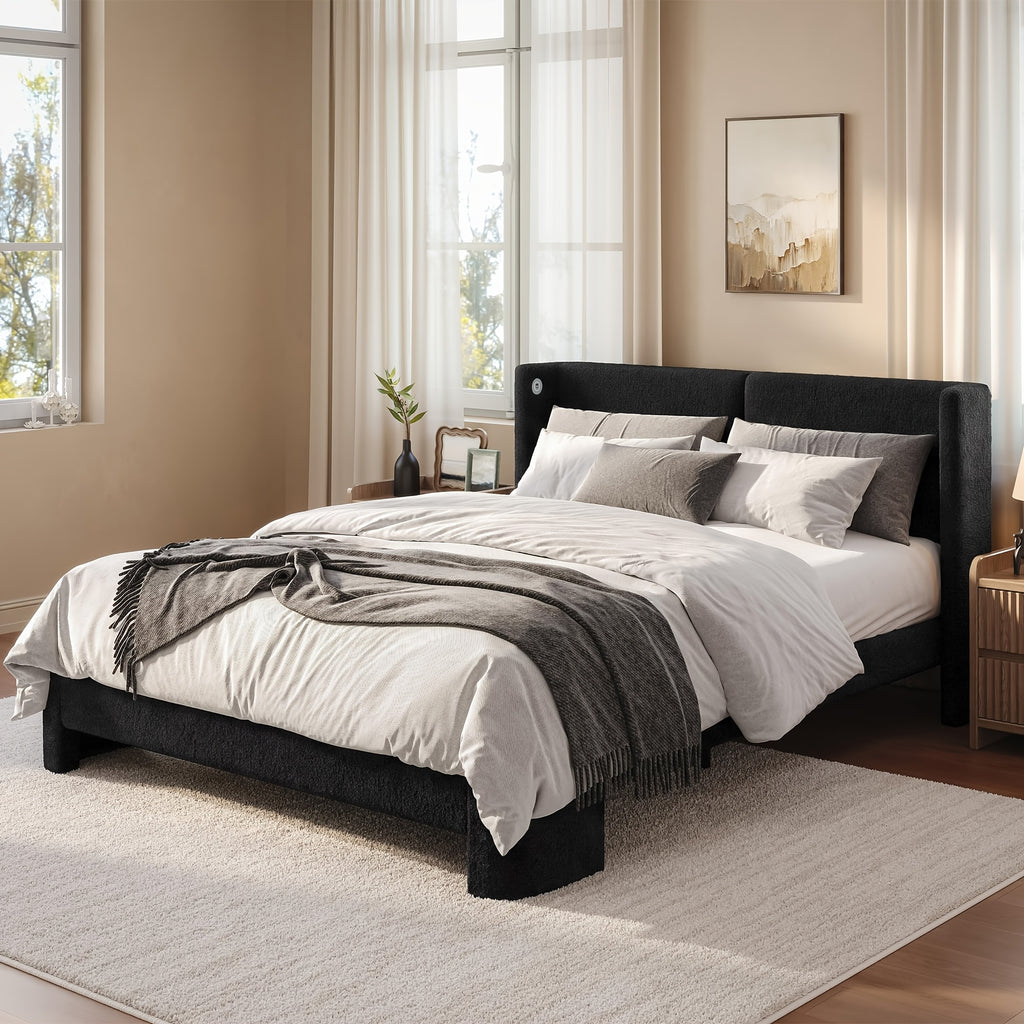 queen bed frame usb ports wingback headboard boucle - Temu