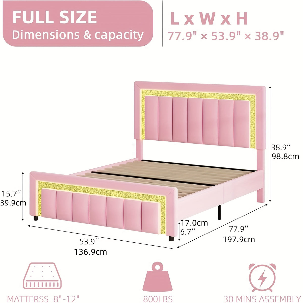 twin full bed frame led lights velvet upholstered headboard - Temu