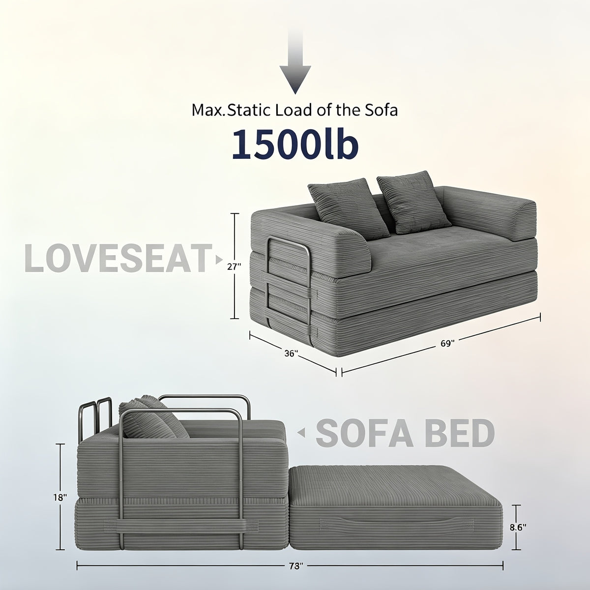 69 w folding sofa bed loveseat 5 in 1 corduroy convertible - Temu