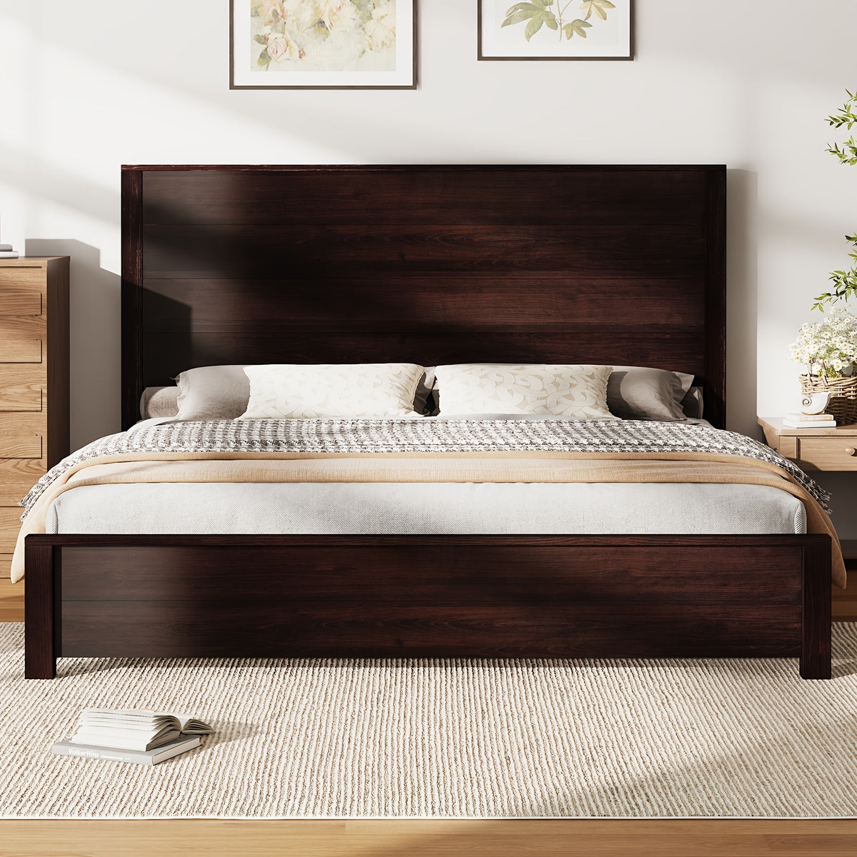 rustic solid wood platform bed frame spliced headboard noise - Temu
