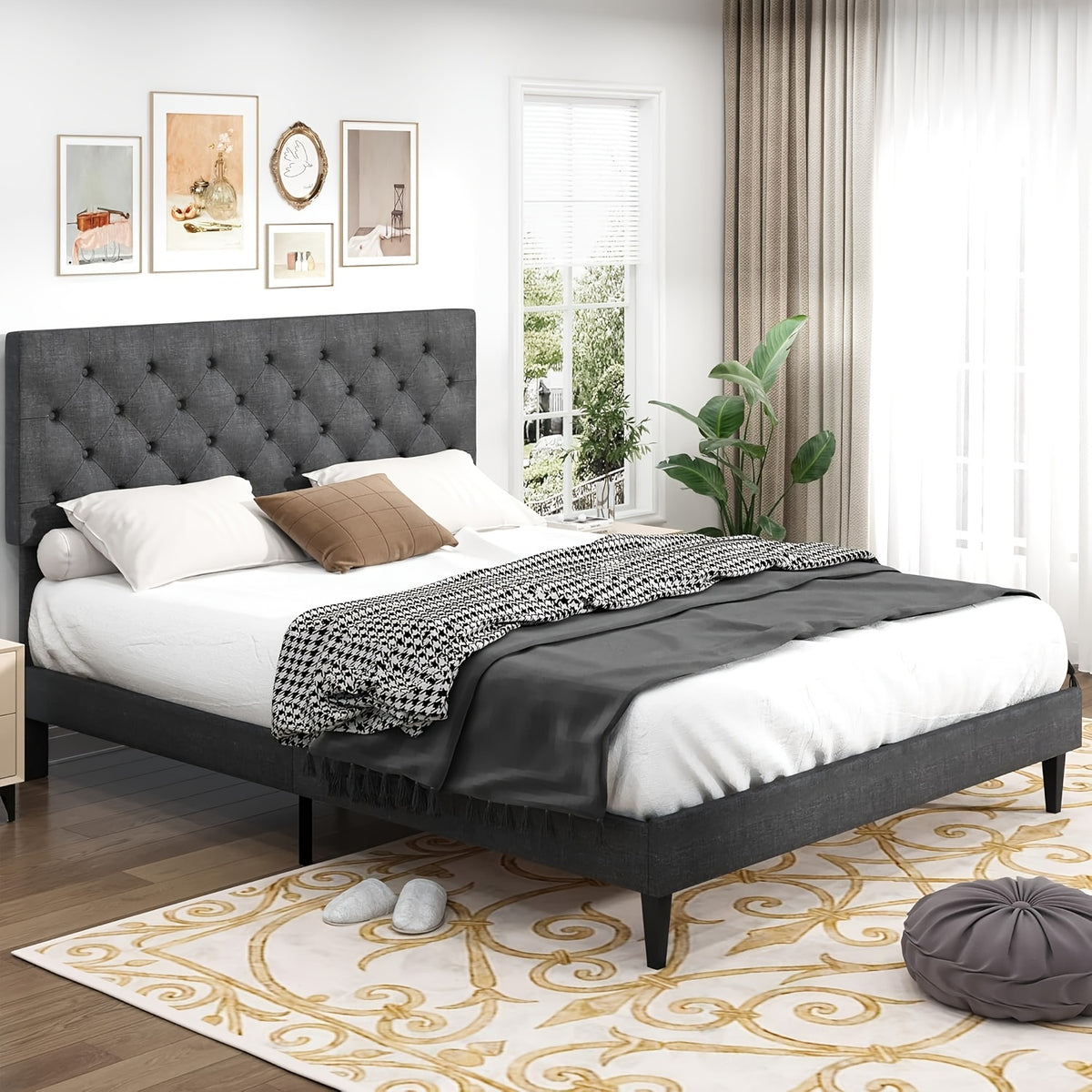 twin full queen king size bed frame headboard linen fabric - Temu