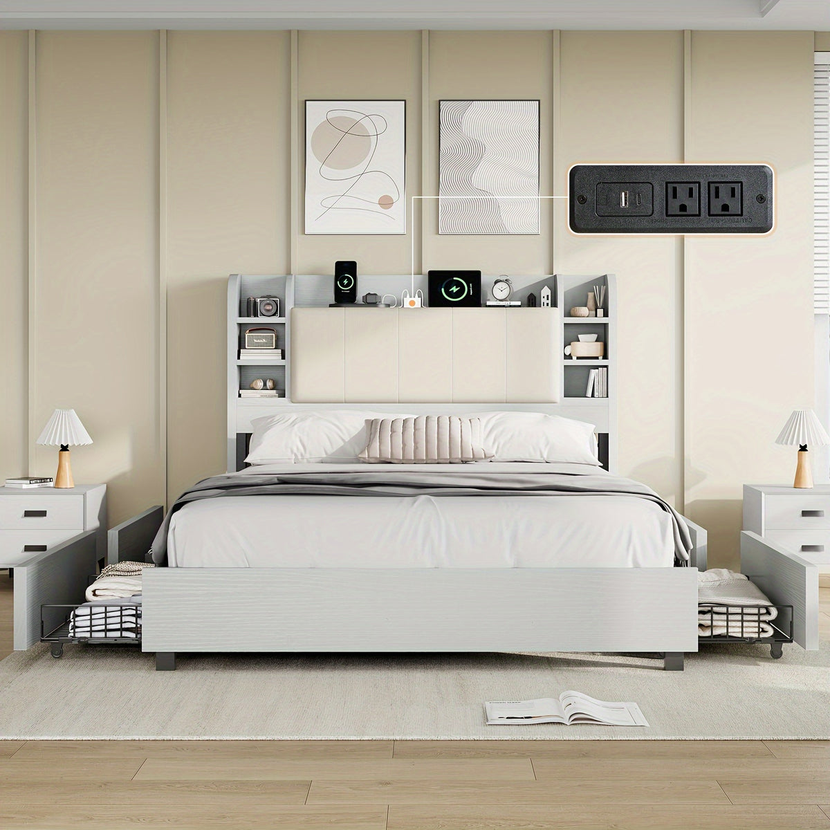 upholstered bed frame 4 storage drawers industrial bed frame - Temu