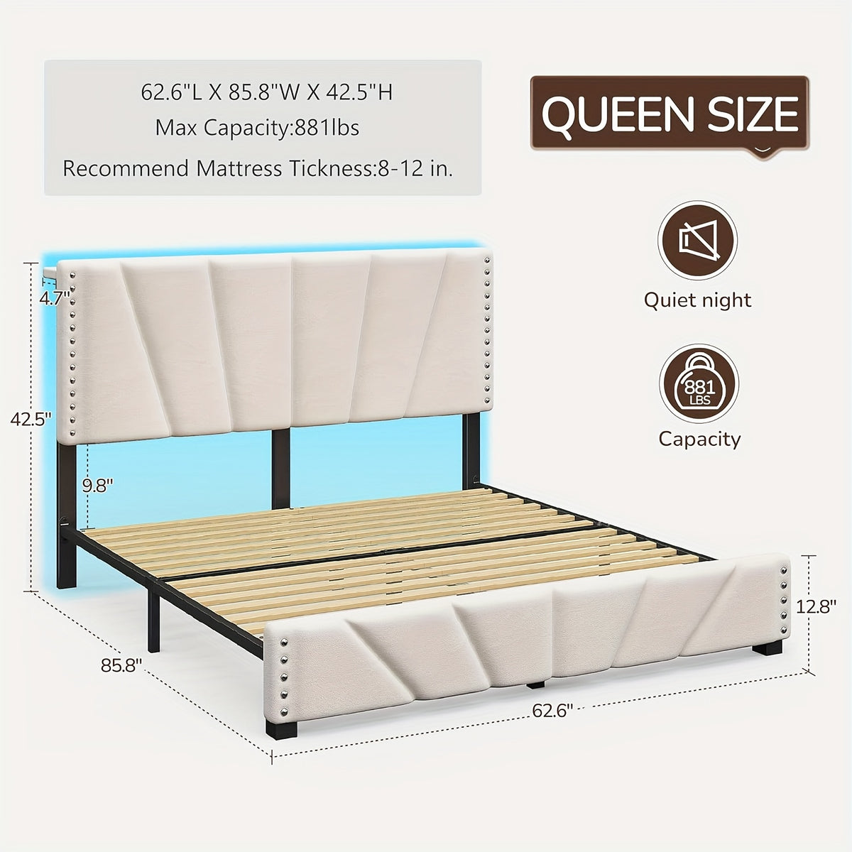 king queen size upholstered platform durable bed frame rgb - Temu
