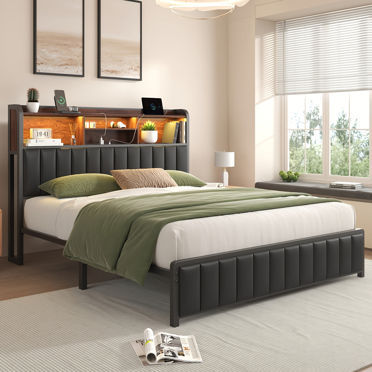 upholstered platform bed frame 3 tier storage headboard - Temu