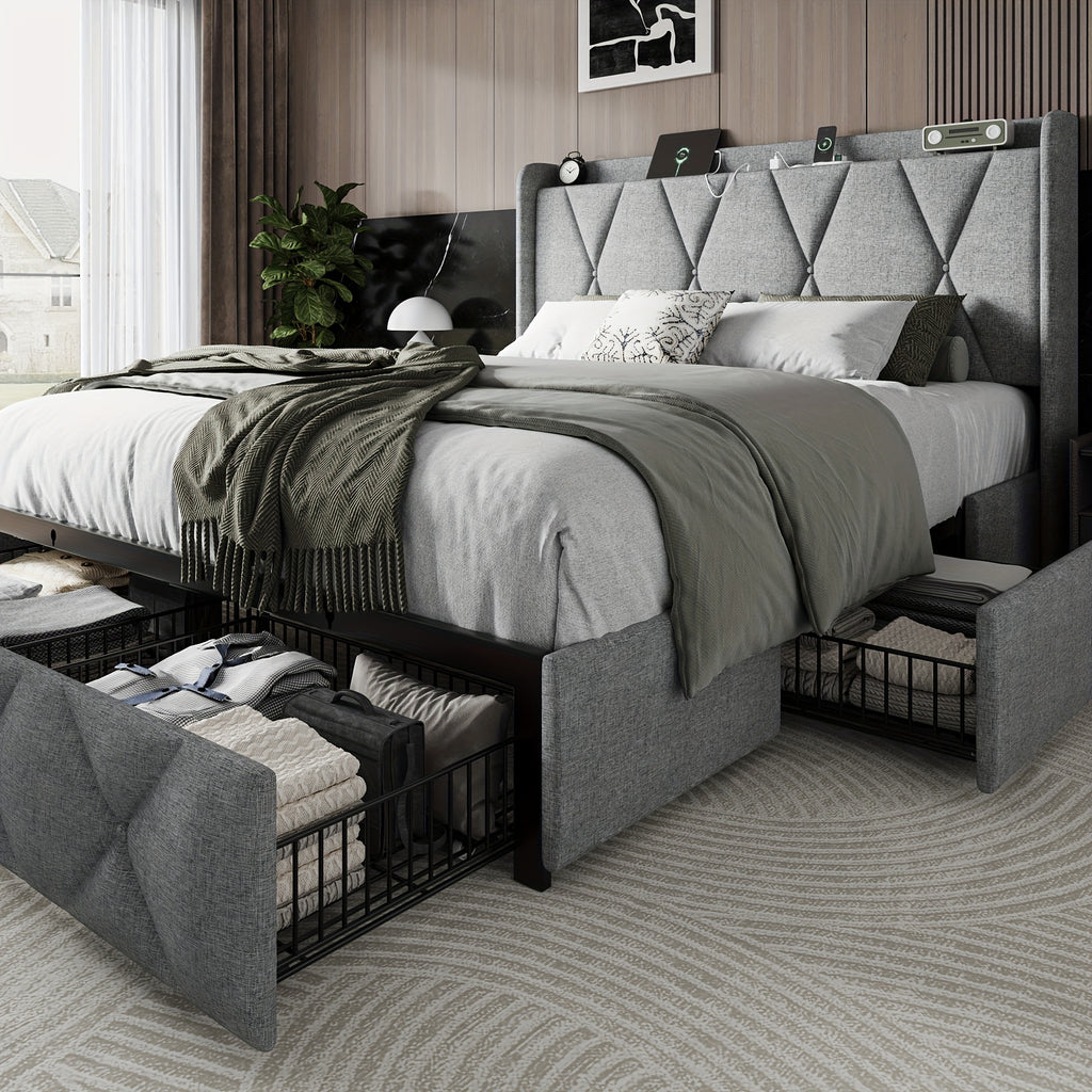 4 drawers storage bed frame wingback headboard - Temu