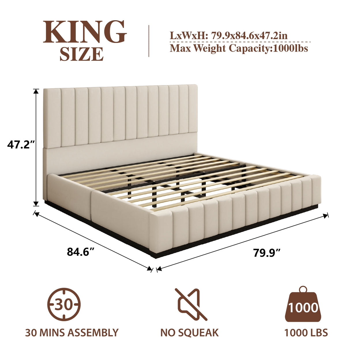 king bed frame 47 2 tall headboard vertical channel tufted - Temu
