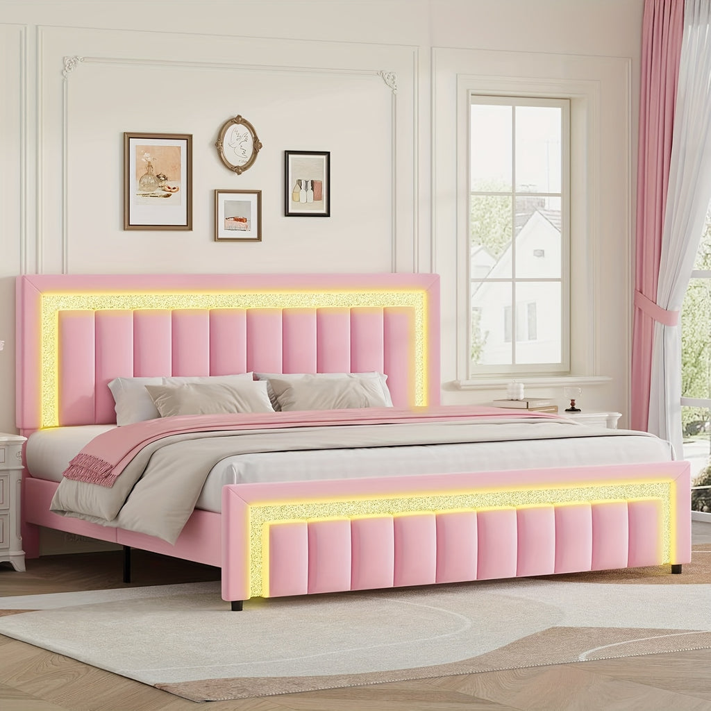 twin full bed frame led lights velvet upholstered headboard - Temu