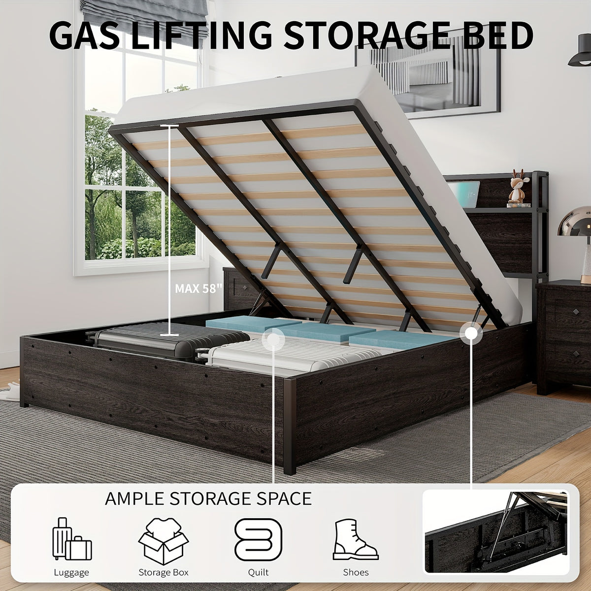full queen king size lift storage bed wood platform bed - Temu