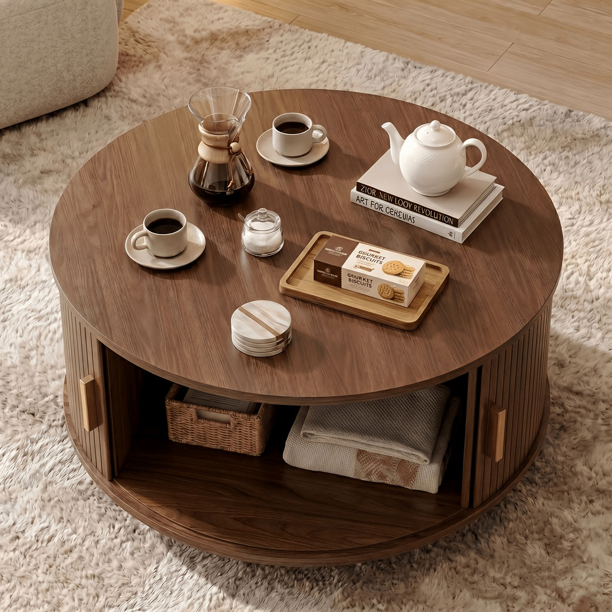 32 modern round coffee table sliding door storage wooden - Temu