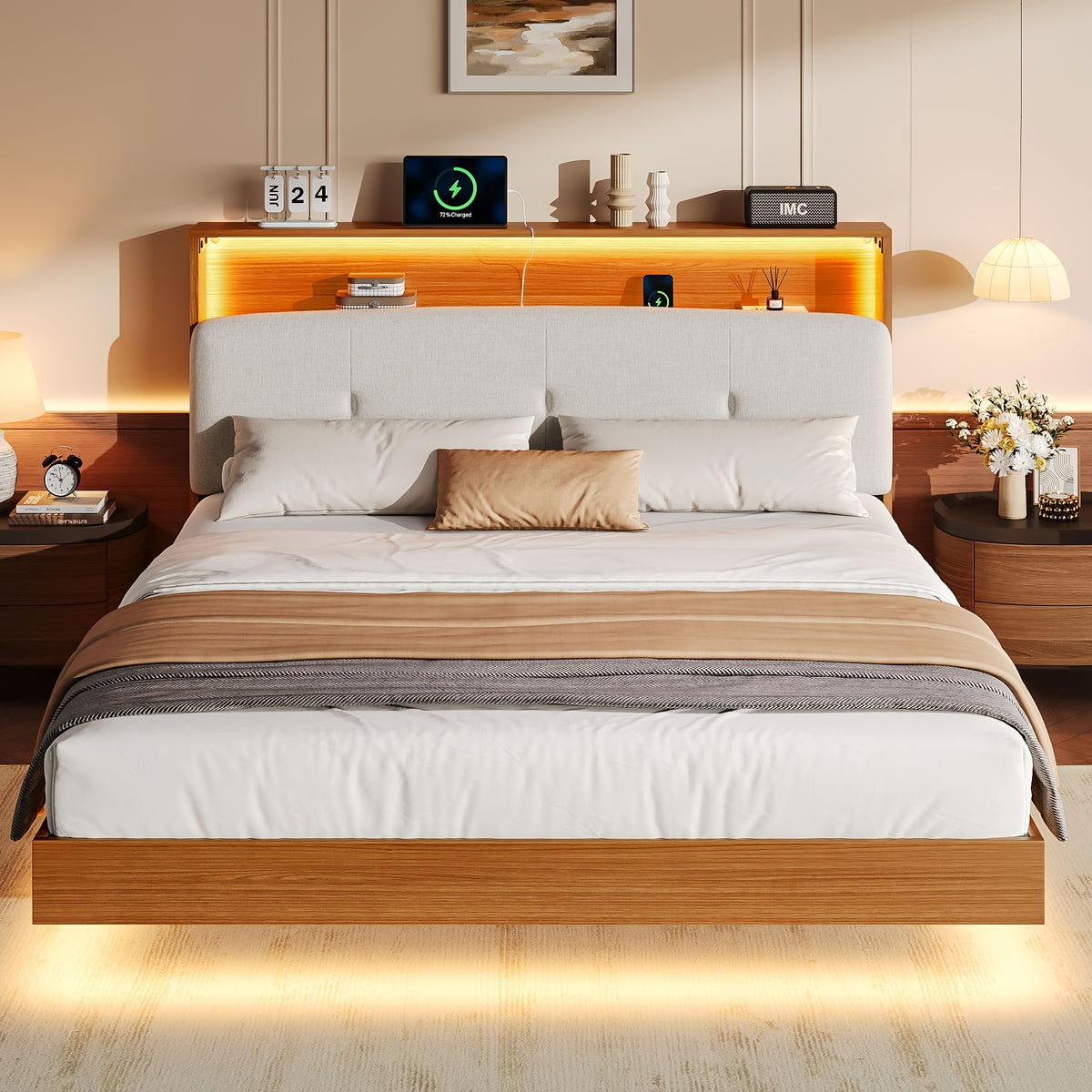 modern bed frame led lightings storage headboard - Temu