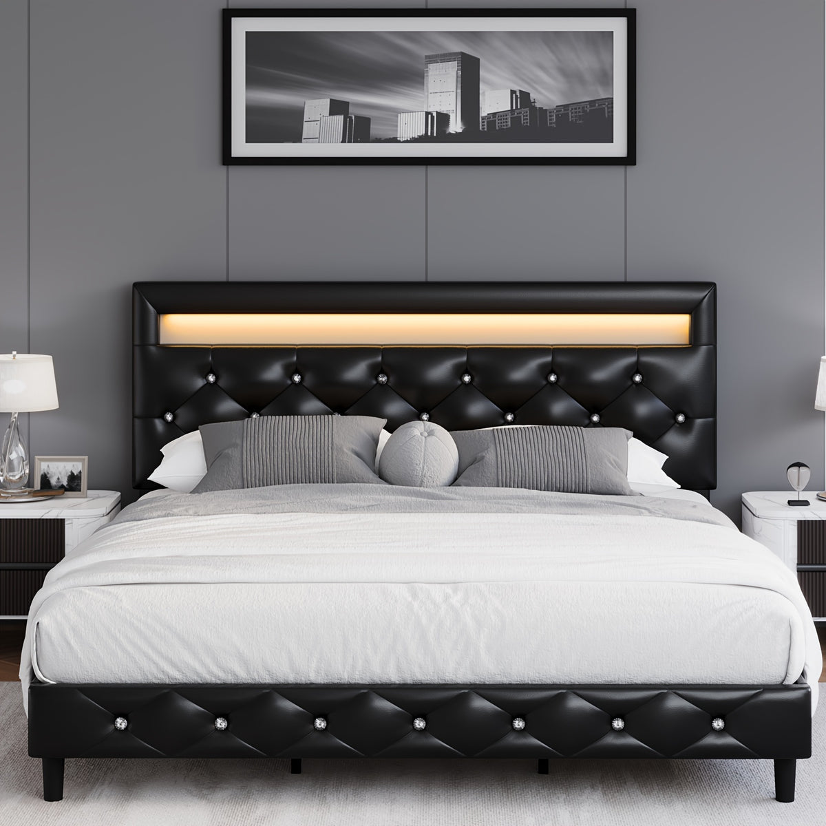 fultru modern bed frame led headboard adjustable tufted   - Temu