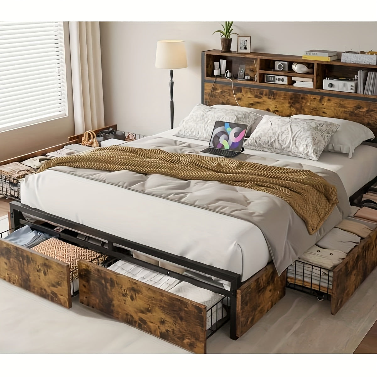 queen king bed   storage   drawers 1100lbs bed - Temu